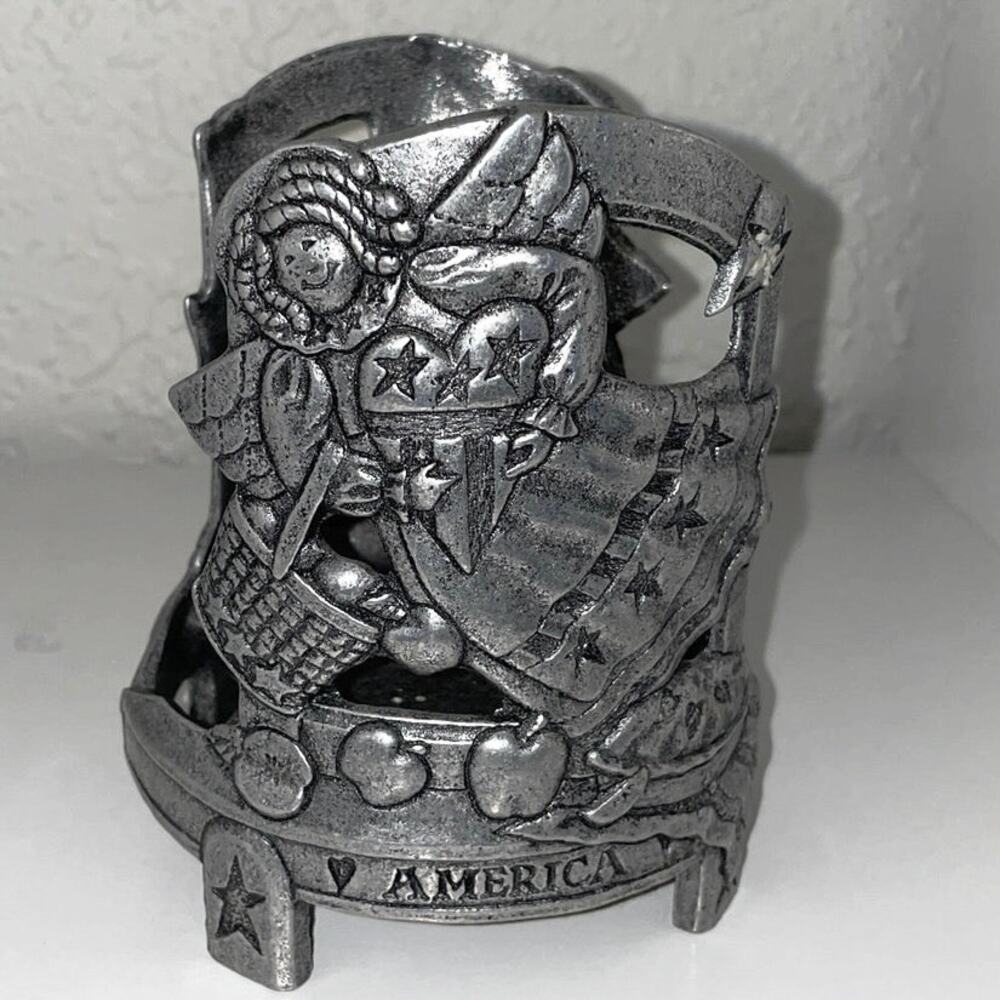 Vintage Patriotic Angel America Metal Jar Candle Holder 5"